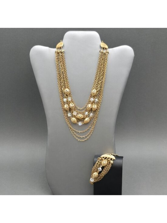 Estate Jewelry - Vintage Gold Tone AB Crystal Multichain Necklace Bracelet Set Demi Parure